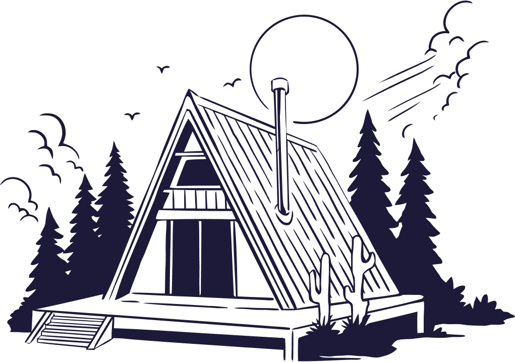 Grafika przedstawia narysowany granatową kredką obozowy domek leśny na tle trzew i księżyca