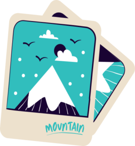 grafika przedstawia narysowane zdjęcia gór, wierzchołków gór ze śniegiem