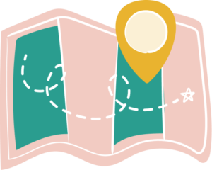 Grafika przedstawia rysowaną dwukolorową mapę z zaznaczoną trasą i punktem docelowym