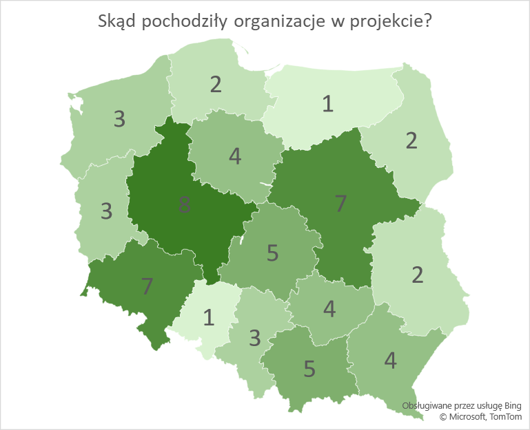 Zdjęcie przedstawia mapę polski wskazującą skąd pochodziły organizacje w projekcie