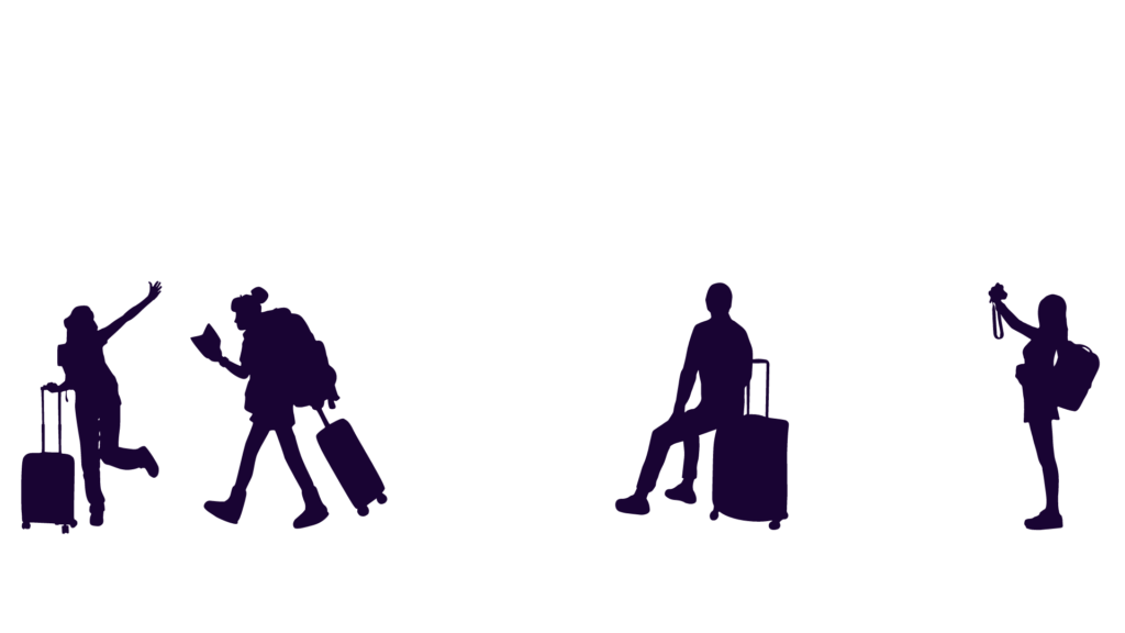 Grafika przedstawia cztery granatowe i dwie białe postacie wybierające się podróż ze swoimi bagażami